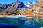 Snow-covered mountains and a lake in front