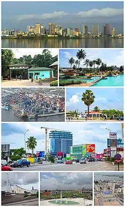 Clockwise from top: Skyline of the Plateau commune, entrance of the Banco forest, pool of the Hotel Ivoire, a dock of the Autonomous Port of Abidjan, a main street of the Koumassi commune, a main avenue of Abidjan, St. Paul's Cathedral of Abidjan, the Université Félix Houphouët-Boigny, Abidjan Great "Salam" Mosque