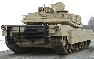 Slat armor protecting the engine exhaust port at the rear of the hull of an M1 Abrams