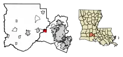 Location of Duson in Acadia and Lafayette Parishes, Louisiana.