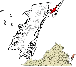 Location of Chincoteauge in Accomack County, Virginia and of Accomack County in Virginia