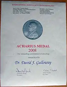 Image showing certificate that accompanies the Acharius Medal.