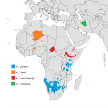 Map showing the distribution of the cheetah in 2015