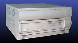 An acorn Risc PC 600 shown without a monitor or keyboard. Two case slices are shows stacked on top of each other.