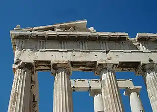 One of the few sections of the sculpture of the Ancient Greek pediment of the Parthenon still in place; others are the Elgin marbles in the British Museum, London