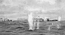 Four German torpedo boats under fire from British ships off of the Dutch island of Texel.