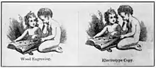 Two similar images, each showing 2 children reading a magazine. One child is seated on a floor and holds the magazine; the second child is kneeling. The left image has the description "Wood Engraving." underneath it; the right image has the description "Electrotype Copy." underneath it. The two images are nearly identical.
