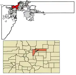 Location of the City of Westminster in Adams and Jefferson counties, Colorado.