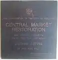 Plaque marking the restoration of the Adelaide Central Market Buildings by Lord Mayor James Jarvis on 14 April 1987. Currently located at the Grote Street entrance.