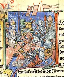 A mitred Adhémar de Monteil carrying one of the instances of the Holy Lance in one of the battles of the First Crusade