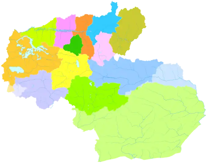 The location of Lhünzê County in Shannan City (dark blue and light blue in the middle; disputed area contained)