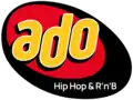 A red oval with a black swooshy oval around it. Over the red oval, in yellow with white trim and black drop shadows, are the letters a, d, and o in a sans serif. On the black oval area are the words "Hip Hop & R'n'B".