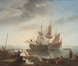 seascape of a harbor with fishermen drawing their nets from water, and two moored ships