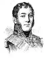 Black and white drawing shows a clean-shaven man with long sideburns. He wears a high-collared military uniform with many awards.