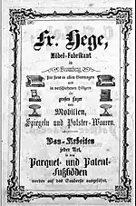 Advertising for "Hege furniture company", 1855