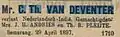 Advertisement in the "Locomotief", in which Van Deventer announces his departure for Europe in 1897