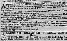 Advertisement for Appuldurcombe College 1889