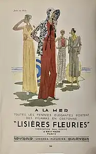 Advertisement for pyjamas in Lisières Fleuries fabric, from Jardin des Modes, 1930