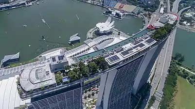 Aerial of the roof top pool of Marina Bay Sands