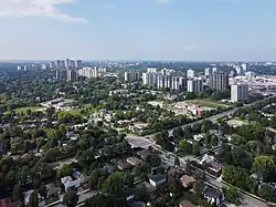 Large apartment towers are located on the major avenues in Don Valley Village