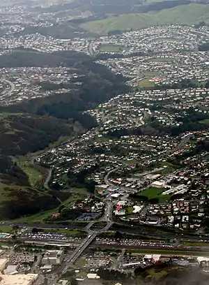 Cannon's Creek is in the middle and upper part of the photo, with Waitangirua at the very top and Rānui at the bottom.
