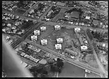 Black and white aerial view of apartment blocks
