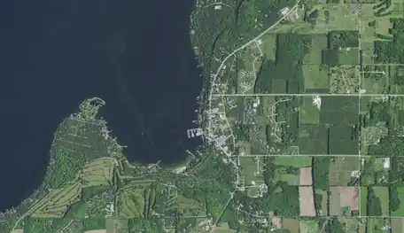 Aerial view of most of the village and some of the adjacent town of Egg Harbor, 2020