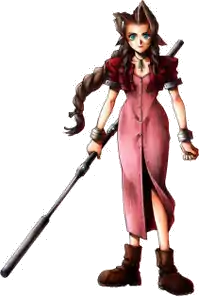 Drawing of a brown-haired girl with green eyes holding a large staff. She wears silver bracelets, brown boots and a shin-length pink dress that buttons up with the front with a red bolero jacket.