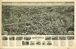 Panoramic map of Farmingdale from 1925, with a list of landmarks and several images in the insets at the bottom.
