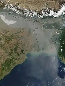 Satellite photo showing aerosol pollution visible from space