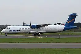 ATR 72-200F operated by Quikjet from 2011 to 2013. The aircraft is shown here at Luxembourg Findel Airport following its return to Farnair Switzerland.