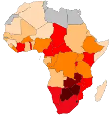 Map of Africa colored according to the percentage of the adult (ages 15–49) population with HIV/AIDS (Map of 2002).