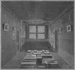 Woodcut? of the same room, but much more evenly lit, with diffuse light in the former shadows