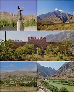 From top left:War Memorial • Mount Kumtal Araks Caravanserai • Town Panorama Araks river and Iran-Armenia Border