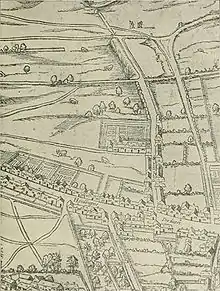 Layout of Gray's Inn, taken from a birds-eye view, showing the Inn as a single walled compound still surrounded by fields.