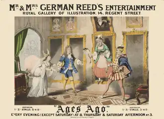 Theatre poster showing a stage set as an old portrait gallery. Four of the portraits have come to life: two men are fighting a duel with swords, watched by the two women. All are in period costume, from medieval to 17th century