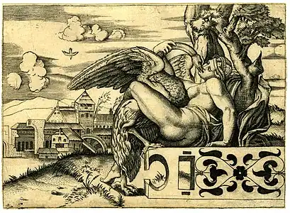 This engraving of Leda and the swan is not present in the woodcut booklet. It is thought to be by Agostino Veneziano. It is speculated that this image is based on an image that was in the Giulio and Marcantonio edition of "I modi".1524 - 1527?