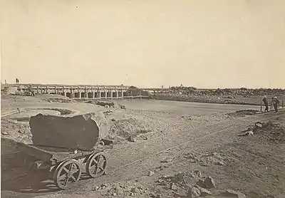 The Agra canal (c. 1873), a year away from completion. The canal was closed to navigation in 1904 to increase irrigation and aid in famine-prevention.