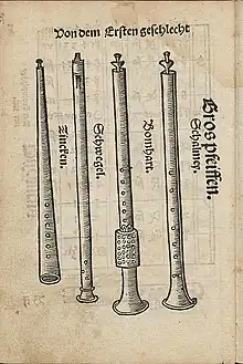 Instruments from Martin Agricola's book "Musica instrumentalis deudsch", published 1529. From left: straight cornett,  three-hole pipe, bombard, shawm. The three-hole pipe uses double reeds under a cap, with blowhole.