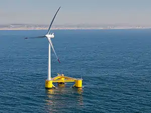 WindFloat, operating at rated capacity (2 MW), approximately 5 km (3 mi) offshore of Agucadoura, Portugal