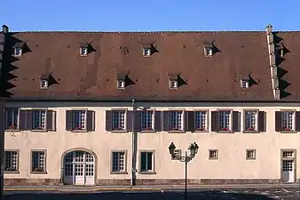 Colour photograph of a building with a Biberschwanz roof and pink plaster.