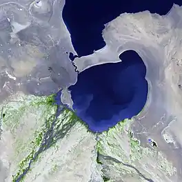 A satellite image of a lake