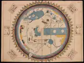 In a scan of a a highly stylized two-page world map with Arabic text, the ocean encircles the rounded continents.