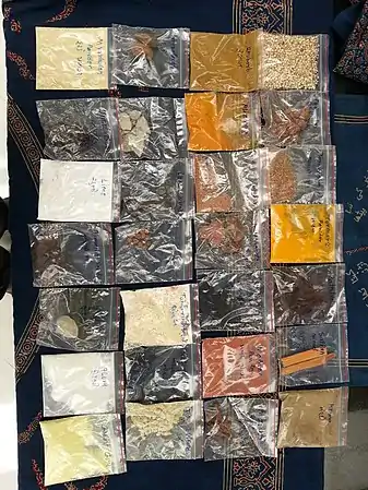 Natural dye products used in Ajrak craft.