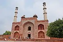Akbar's Tomb at Agra, India uses red sandstone and white marble, like many of the Mughal monuments. The Taj Mahal is a notable exception, as it uses only marble.