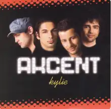 The heads of Akcent's members on a black background which has red and black dotted edges.