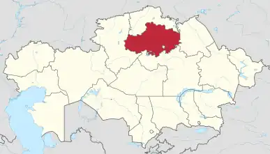 Map of Kazakhstan, location of Akmola Region highlighted