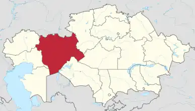 Map of Kazakhstan, location of Aktobe Province highlighted
