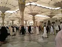 The umbrellas protect pilgrims from the harsh summer temperatures of Medina. Fans spraying water are also attached to each umbrella pillar, to keep the square and pilgrims alike cool.