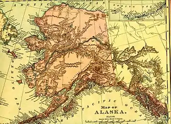 Image 6Alaska in 1895 (Rand McNally). The boundary of southeastern Alaska shown is that claimed by the United States prior to the conclusion of the Alaska boundary dispute. (from History of Alaska)